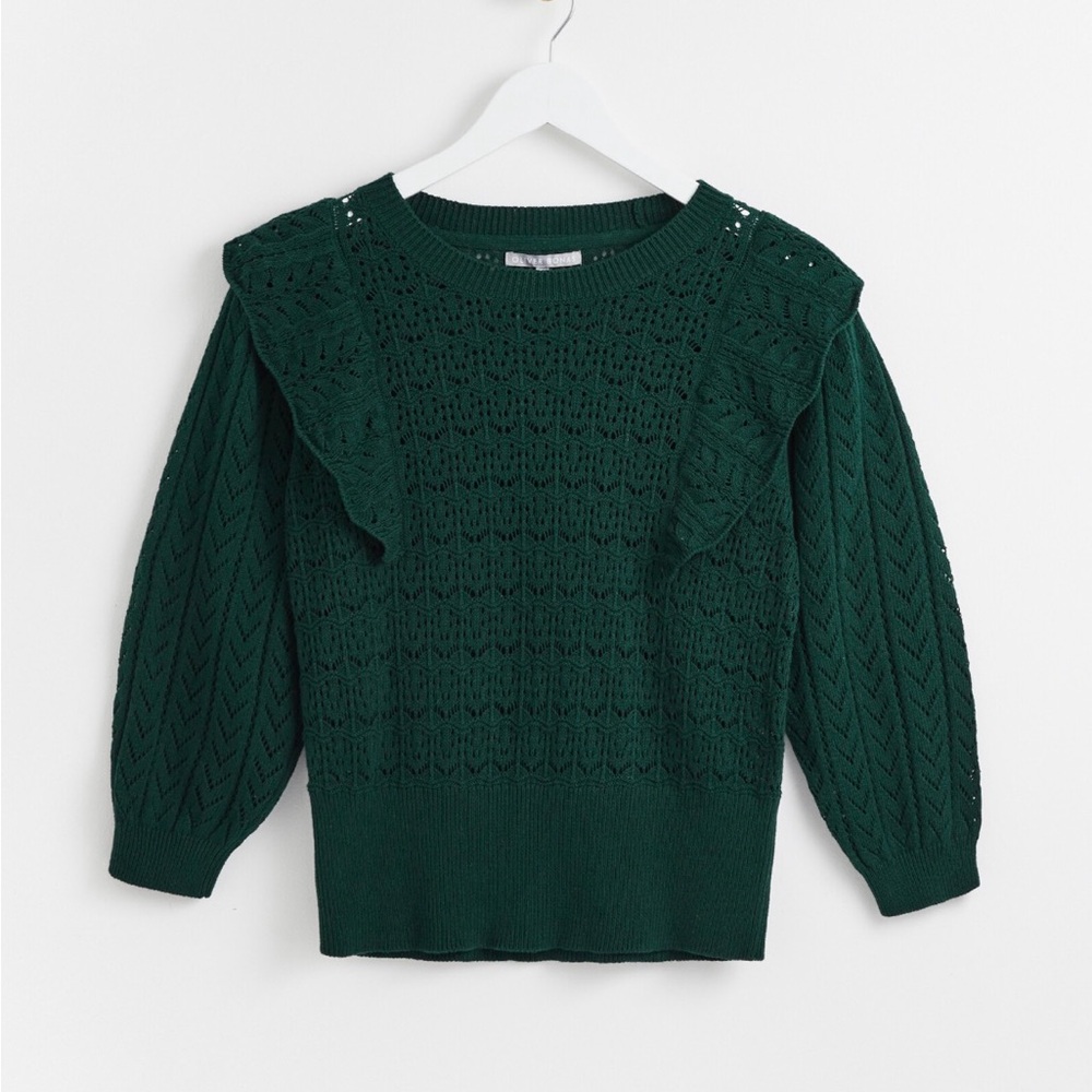 Oliver Bonas Stitchy Frill Bottle Green Cotton Knitted Jumper- size 4